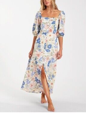 NWT Billabong Dreamer Floral Midi Dress L Puff Sleeve Cottagecore Smocked  Boho